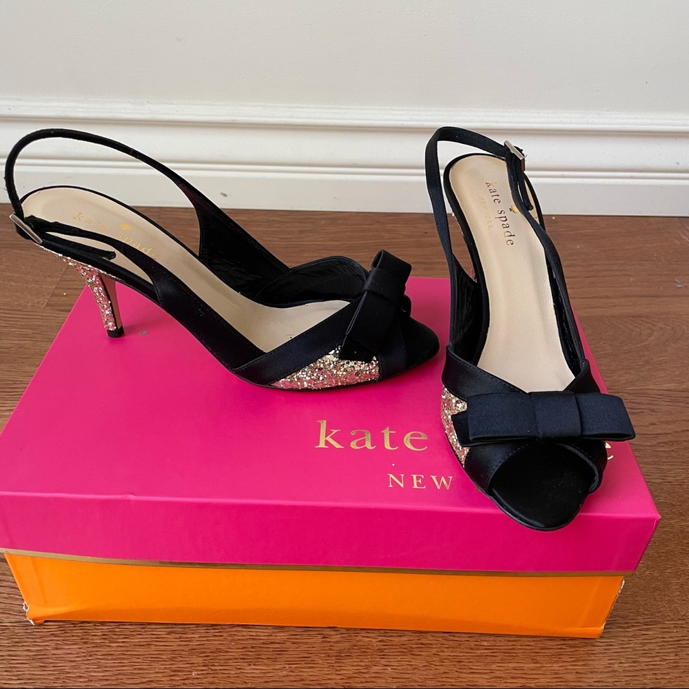 Kate Spade “Sliver” Gold/Black Satin Pumps NWT